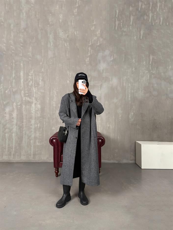 Nerisa Antrasit Düğmeli Astarlı Premium Kaban