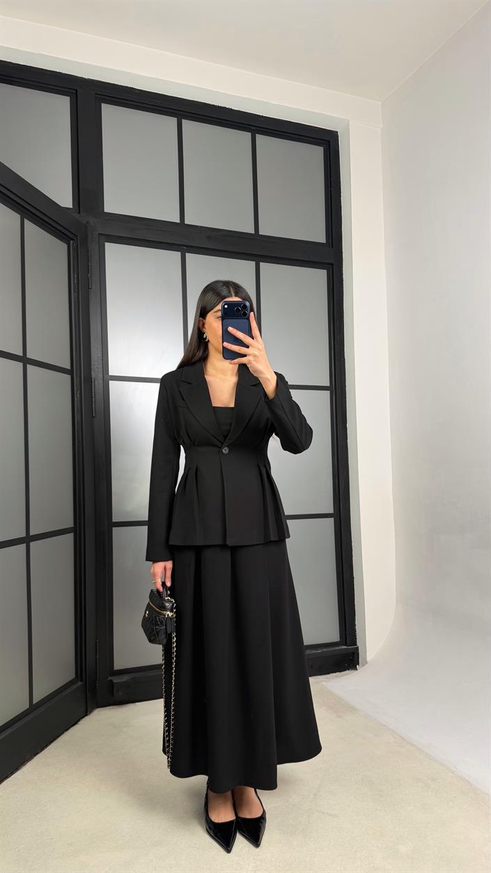 Siyah Belden Oturtmalı Astarlı Vatkalı Ceket Cepli Etek Premium Takım GAUS-01290