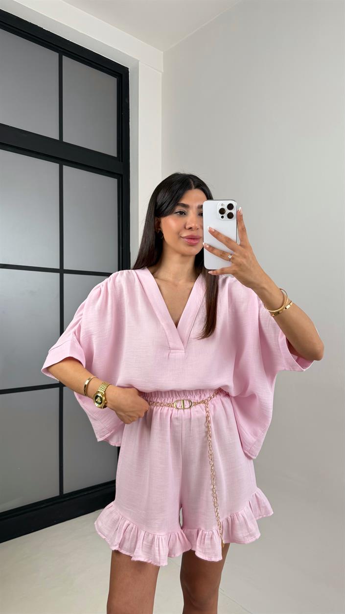 Pembe Kol Drapeli V Yaka Gömlek Beli Lastikli Fırfırlı Şort Müslin Takım Gaus00601