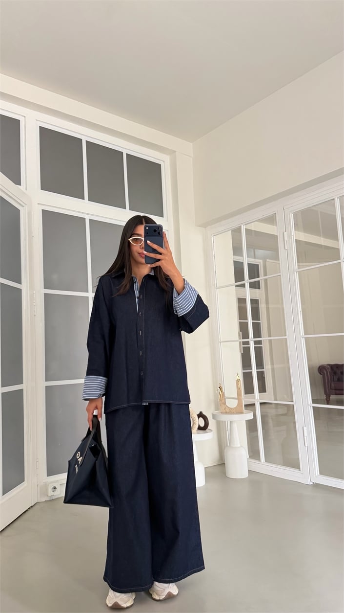 Lacivert Çizgi Detaylı Gömlek Geniş Paça Pantolon İkili Denim Takım GAUS-02041
