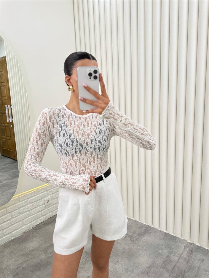 Beyaz Uzun Kol Dantelli Transparan Bluz Gaus00288