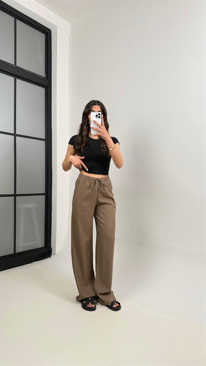 Kahve Beli Lastikli Muadil Keten Pantolon Gaus00346