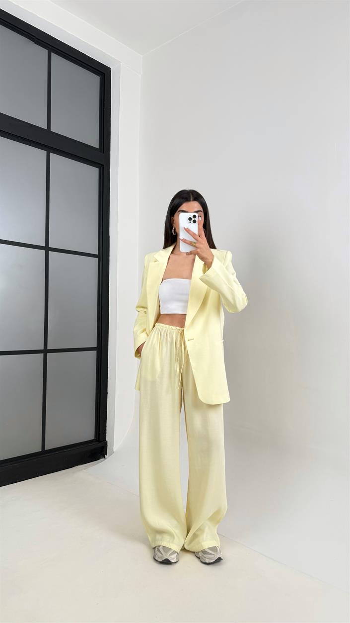 Sarı Astarlı Blazer Ceket Beli Lastikli Pantolon Tensel Takım Gaus00444