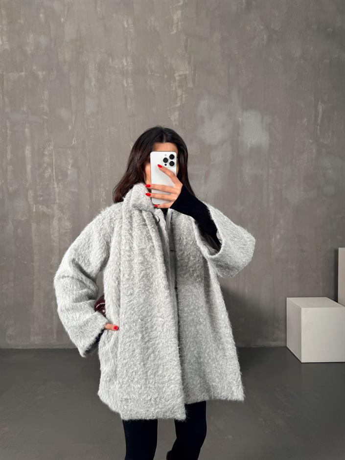 İrina Gri Kırçıllı Atkı Detaylı Astarlı Ceket