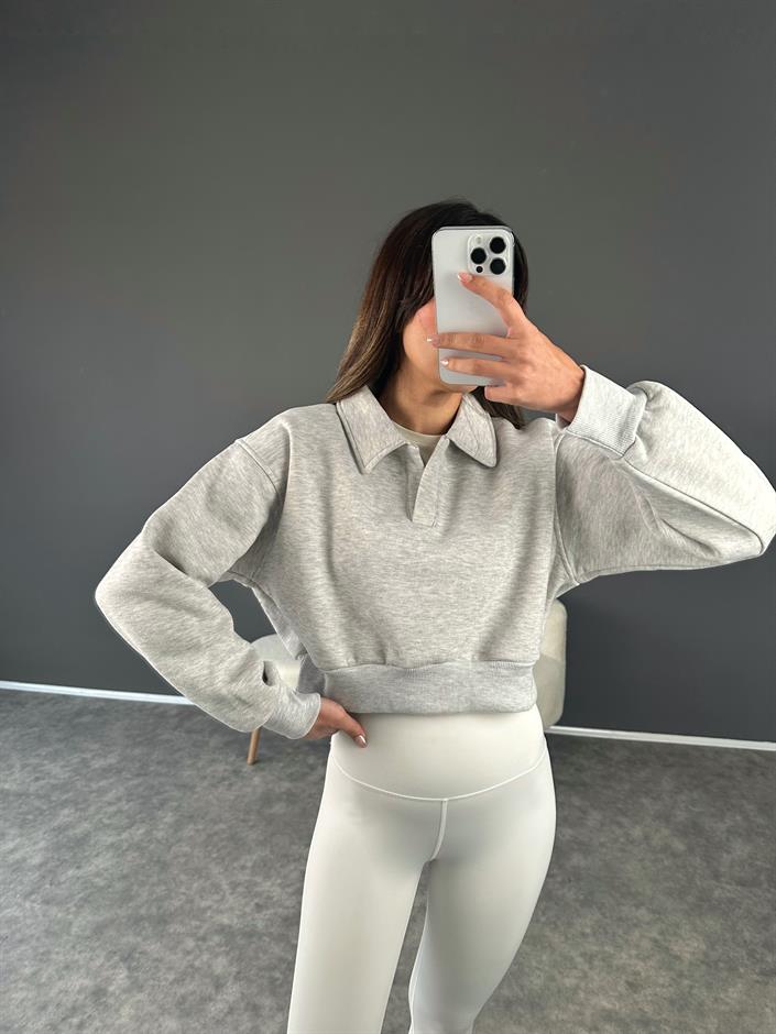 Gray Polo Collar Hooded Crop Sweatshirt