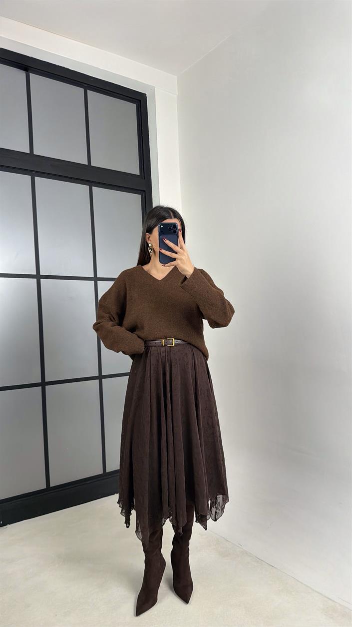 Kahve Çiçek İşlemeli Astarlı Tül Etek GAUS-00757