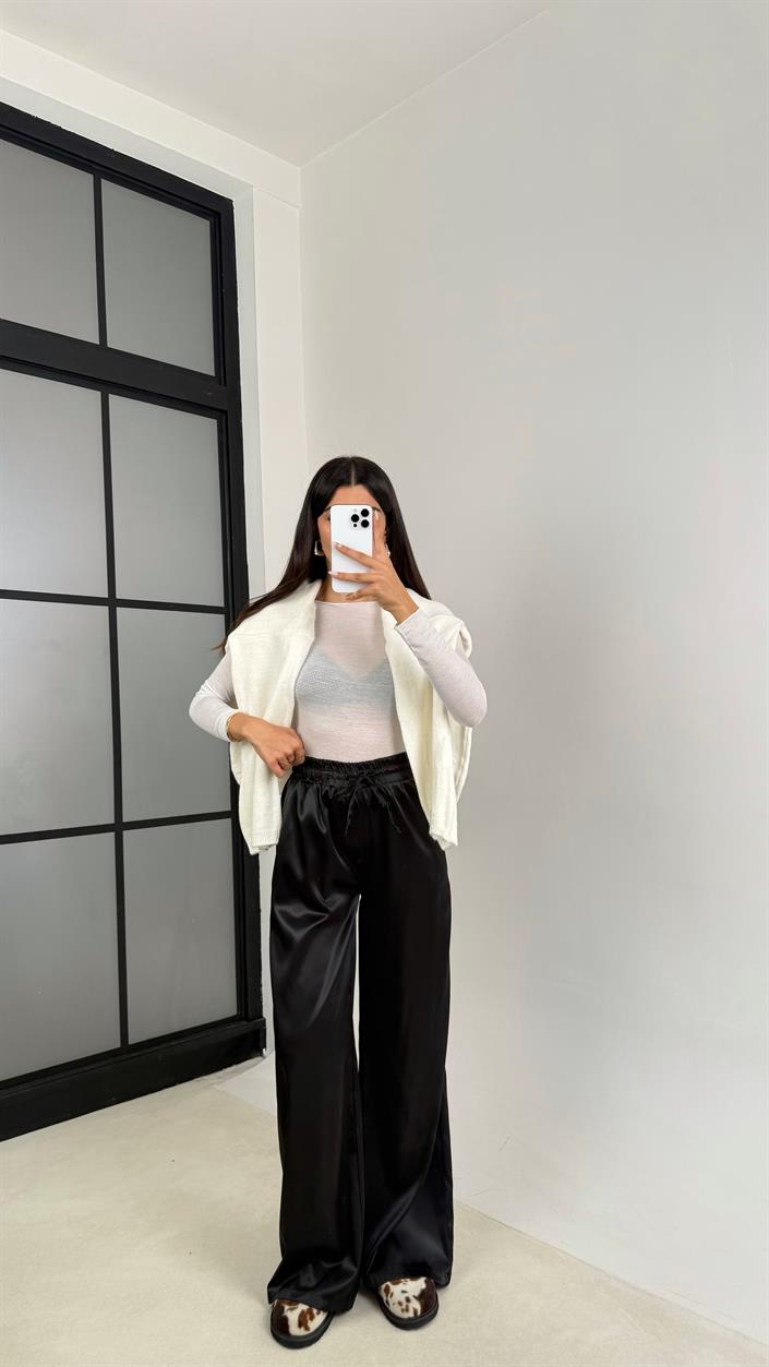 Siyah Beli Lastikli Cepli Saten Pantolon GAUS-0090