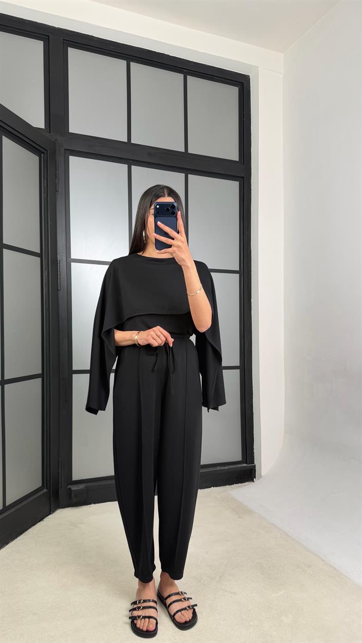 Siyah Pelerin Detaylı Bluz Beli Lastikli Pantolon İkili Tasarım Modal Takım GAUS-01499