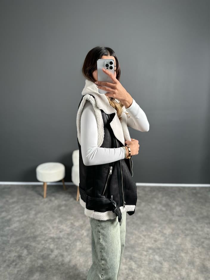 Siu Siyah İçi Beyaz Kürklü Yelek 