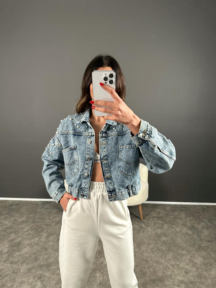 Tasarım İncili Denim Ceket 