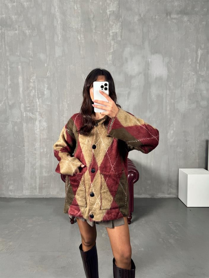 Soov Bordo Vizon Karışımlı Sakallı Baklava Hırka