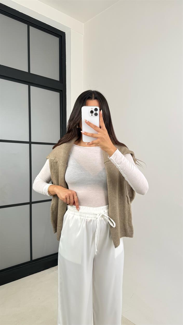 Beyaz Beli Lastikli Cepli Saten Pantolon GAUS-0090