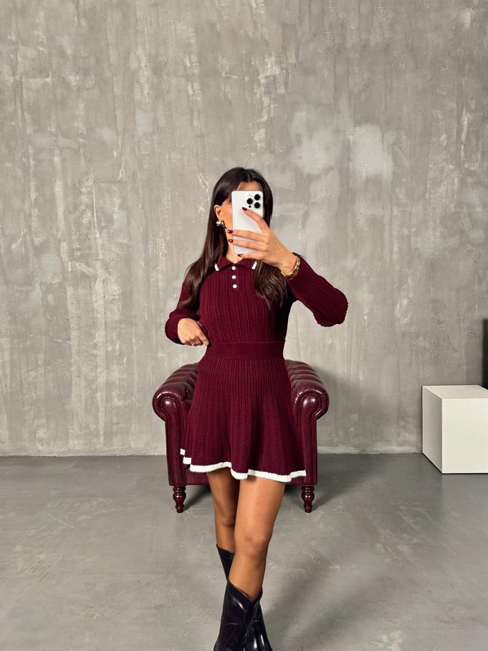 Picas Bordo Polo Yaka Triko Kazak Etek Takım