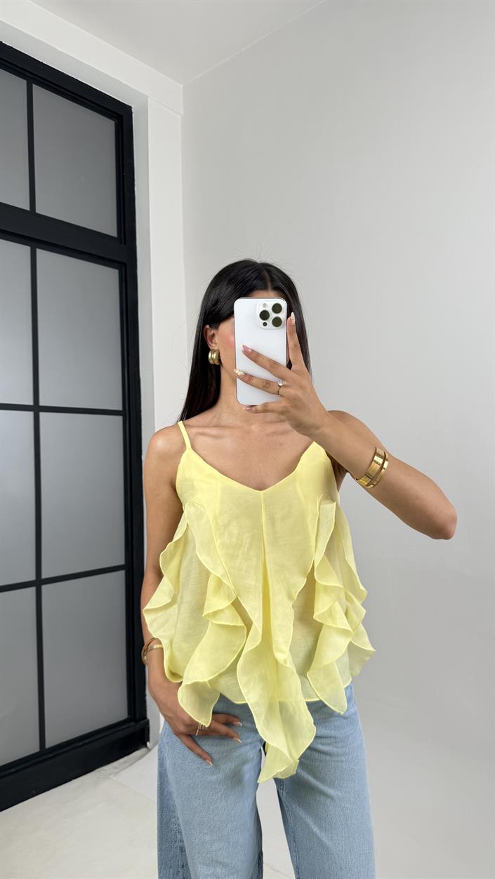 Sarı Ayarlanabilir Askılı MD Muadil Fırfır Detaylı Bluz Gaus00665