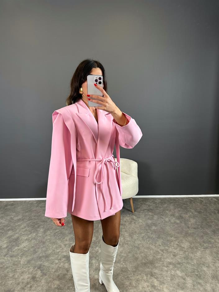 Marisol Premium Pembe Bağlamalı Astarlı Blazer Ceket