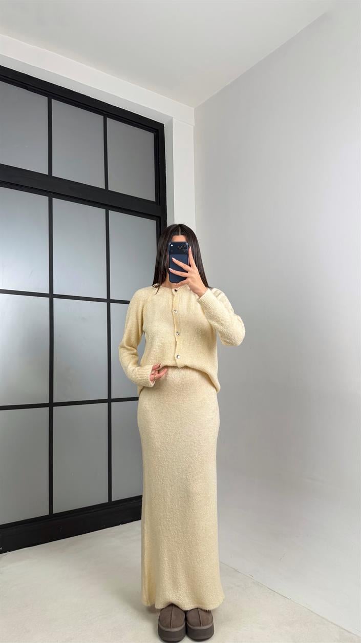 Bej Hırka Beli Lastikli Etek Triko takım GAUS-00853