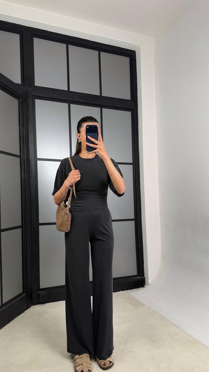 Siyah Bluz Beli Lastikli Pantolon Modal Muadil Takım GAUS-01547