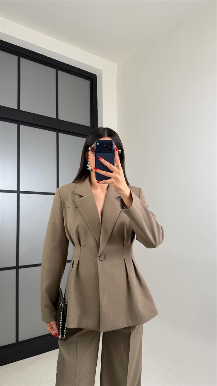 Haki Vatkalı Astarlı Ceket Beli Lastikli Pantolon Premium Takım GAUS-00982
