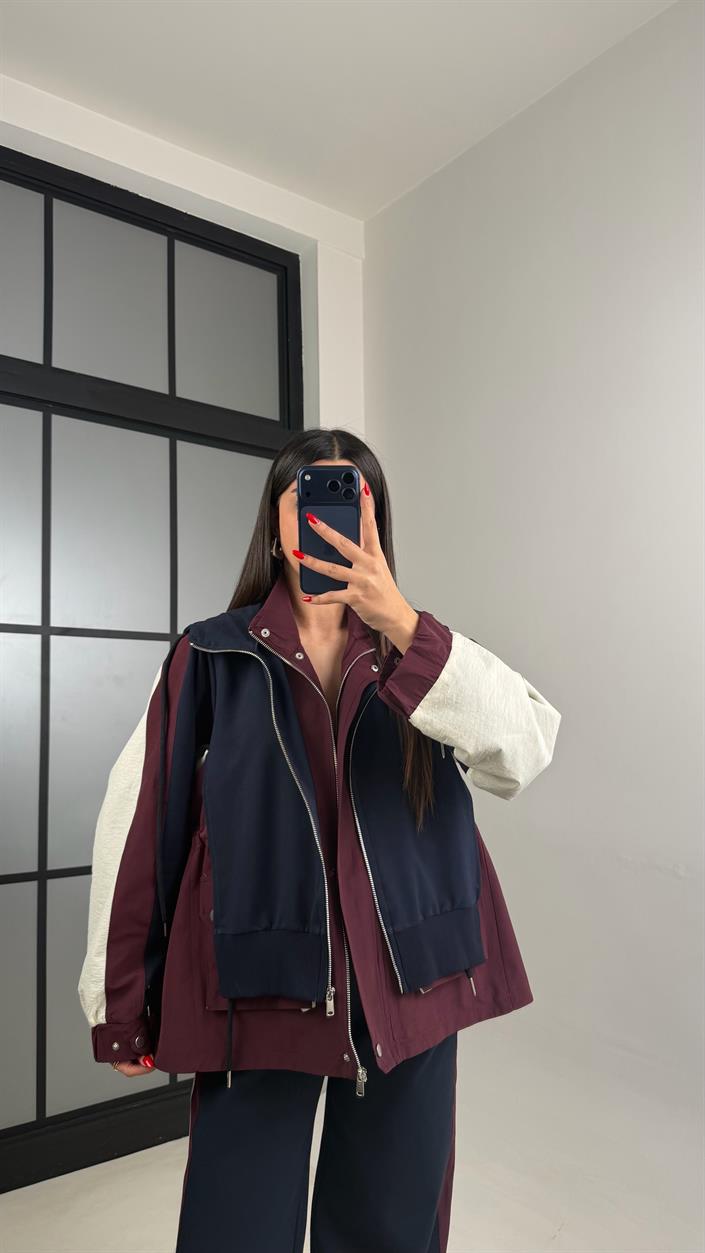 Bordo Garnili Ceket Beli Lastikli Pantolon İkili Tasarım Takım Gaus-00699 Gaus-01024