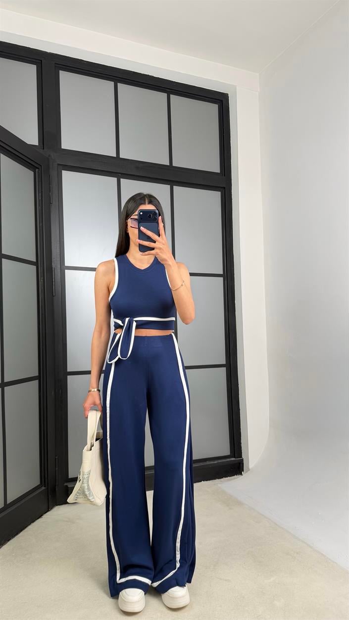 Lacivert Bağlama Detaylı Bluz Beli Lastikli Pantolon Biyeli Modal Takım GAUS-01473