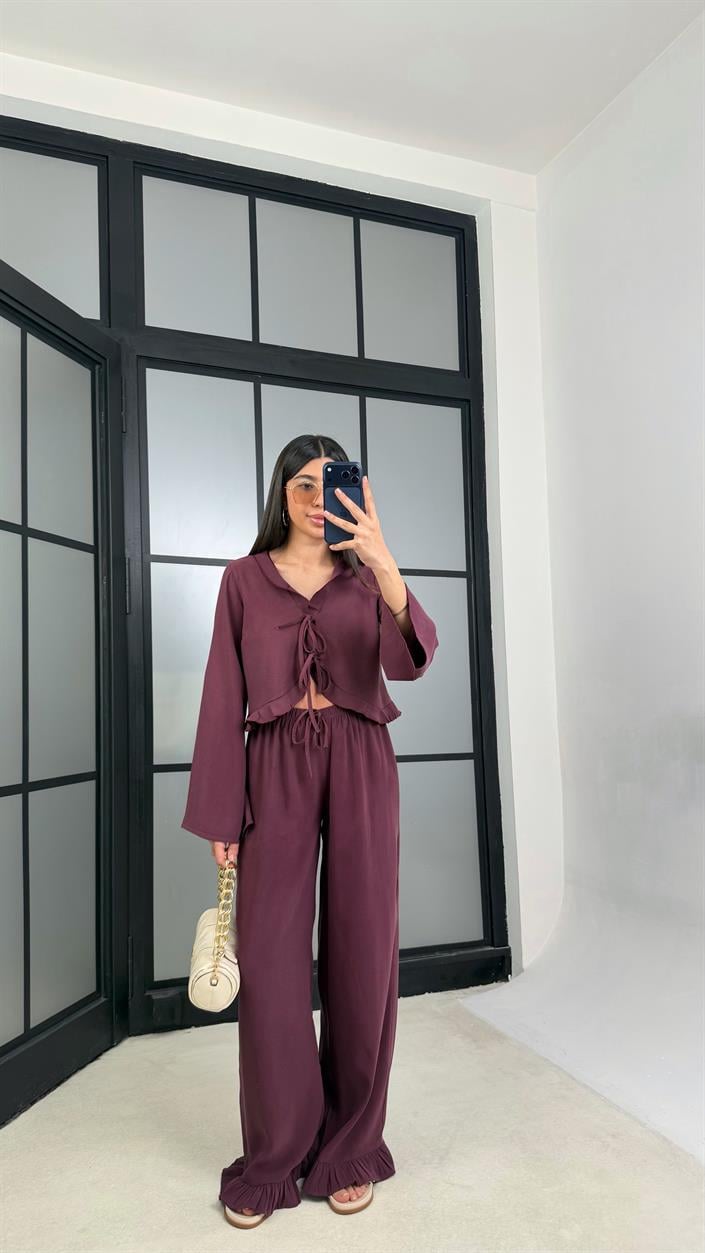 Mürdüm Önden Bağlamalı Gömlek Beli Lastikli Pantolon İkili Tencel Takım GAUS-01336