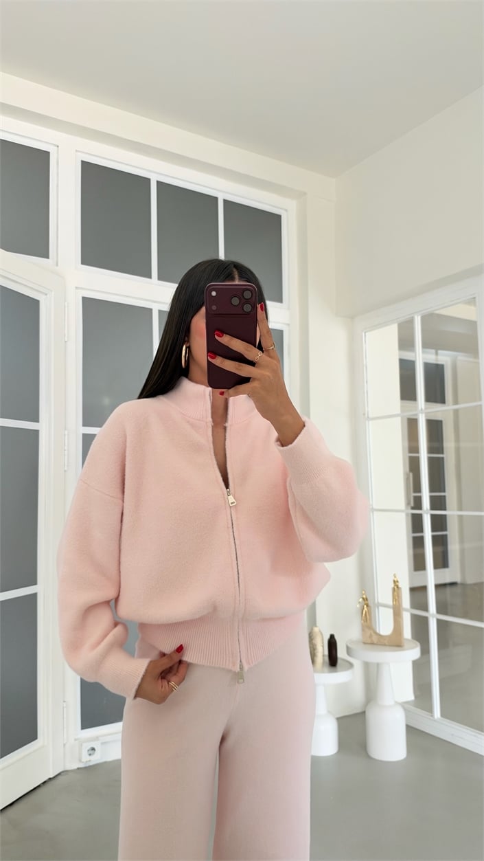 Pembe Çift Fermuarlı Hırka Beli Lastikli Pantolon İkili Yumuşak Kumaş Premium Takım GAUS-02303