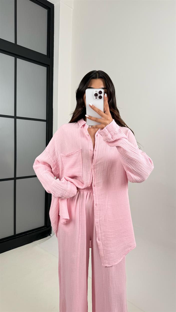 Pembe Önü Düğmeli Cepli Gömlek Beli Lastikli Pantolon Müslin Takım MSLN01 Gaus00385