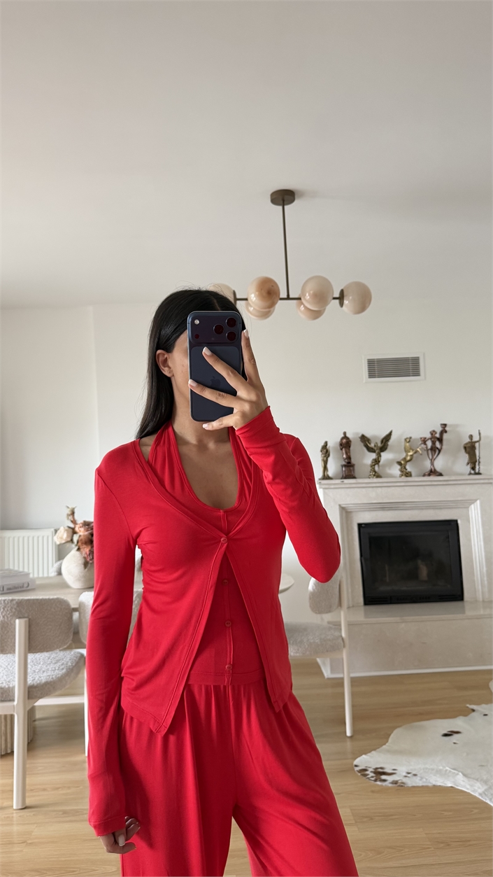 Kırmızı ZR Model Atlet Detaylı Hırka Pantolon İkli Takım GAUS-02100