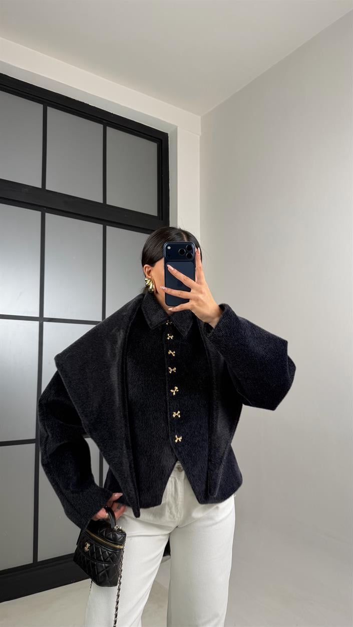 Siyah Fiyonk Düğmeli Astarlı Şal Detaylı Kaşe Ceket GAUS-00885