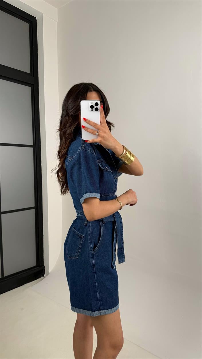 Lacivert Kısa Kol Önü Düğmeli Kemerli  Denim Tulum Gaus00465