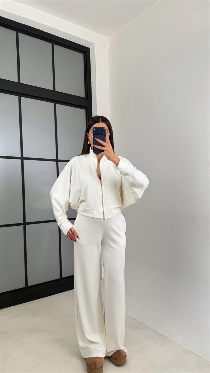 Ekru Fermuarlı Hırka Beli Lastikli Pantolon Modal Takım GAUS-00665