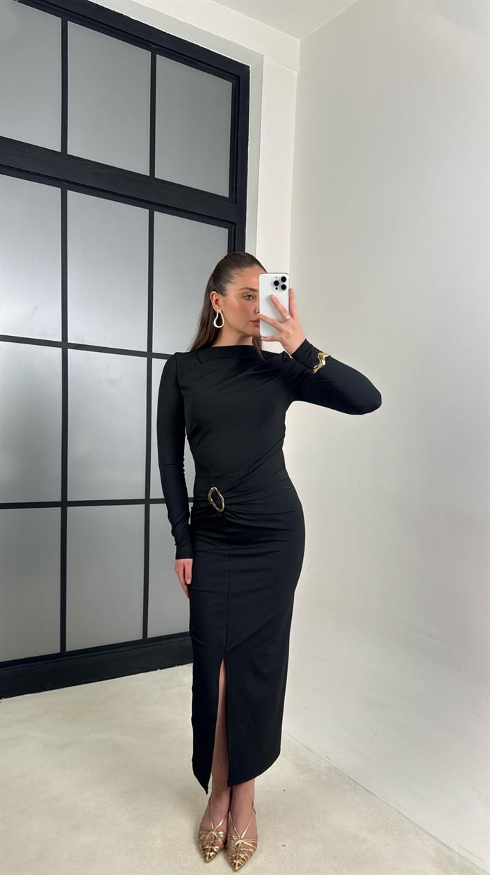 Siyah Gold Toka Detaylı Yırtmaçlı Elbise GAUS-00786