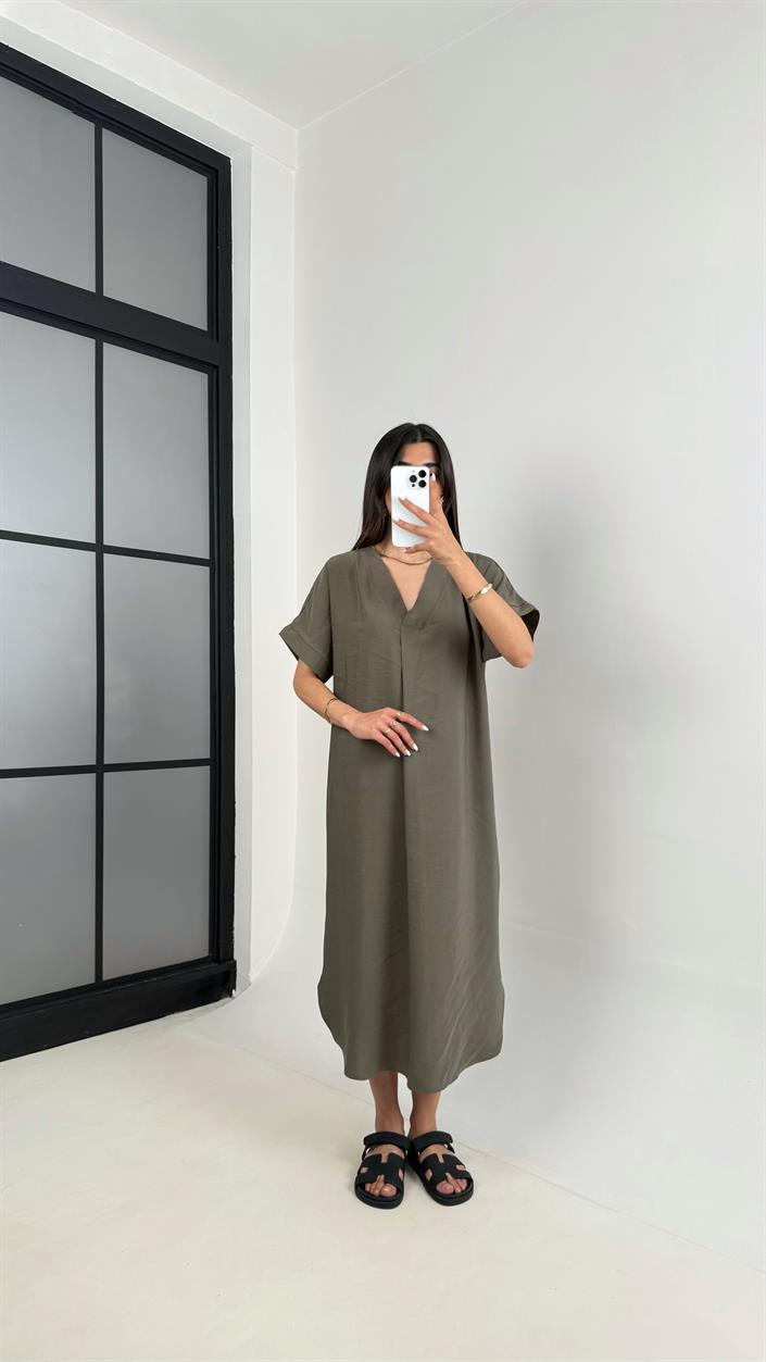 Haki V Yaka Tensel Kırışık Kumaş Basic Elbise Gaus00442