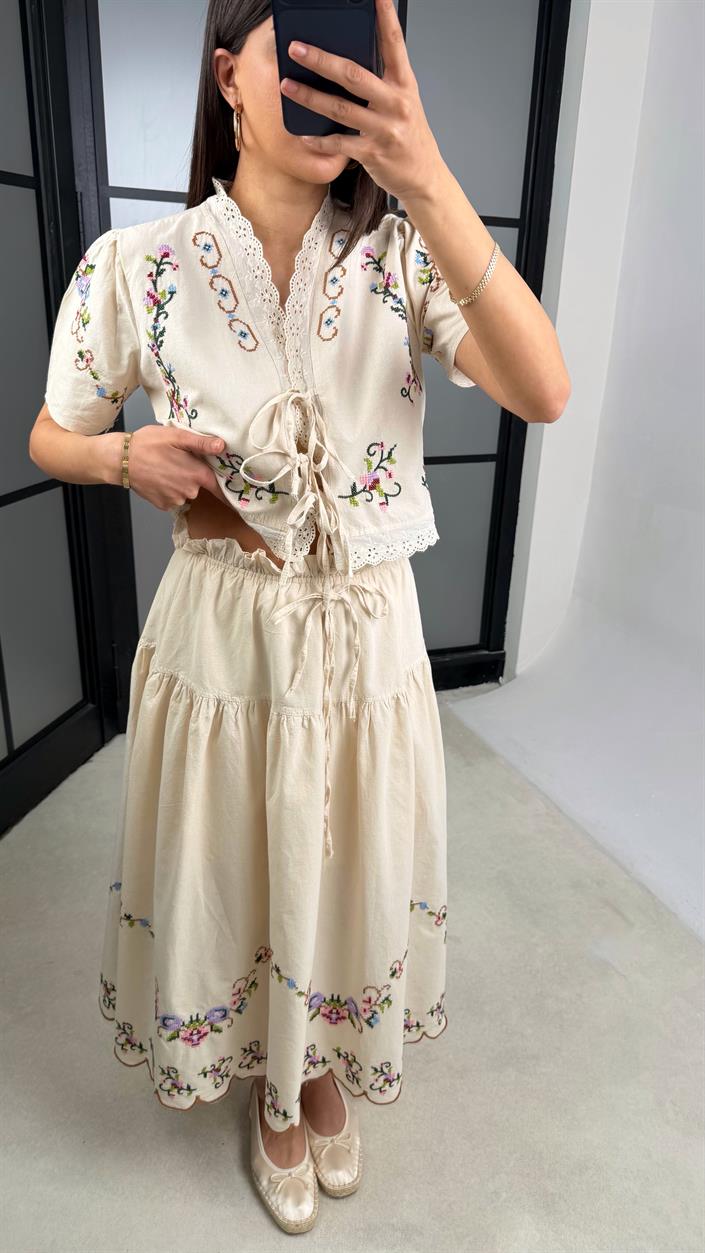 Taş Nakışlı Bluz Beli Lastikli Etek Yıkamalı Keten Takım GAUS-01365