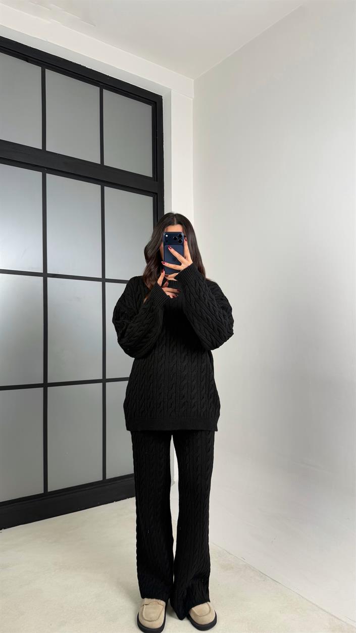 Siyah Saç Örgülü Kazak Beli Lastikli Pantolon Triko Takım GAUS-00592