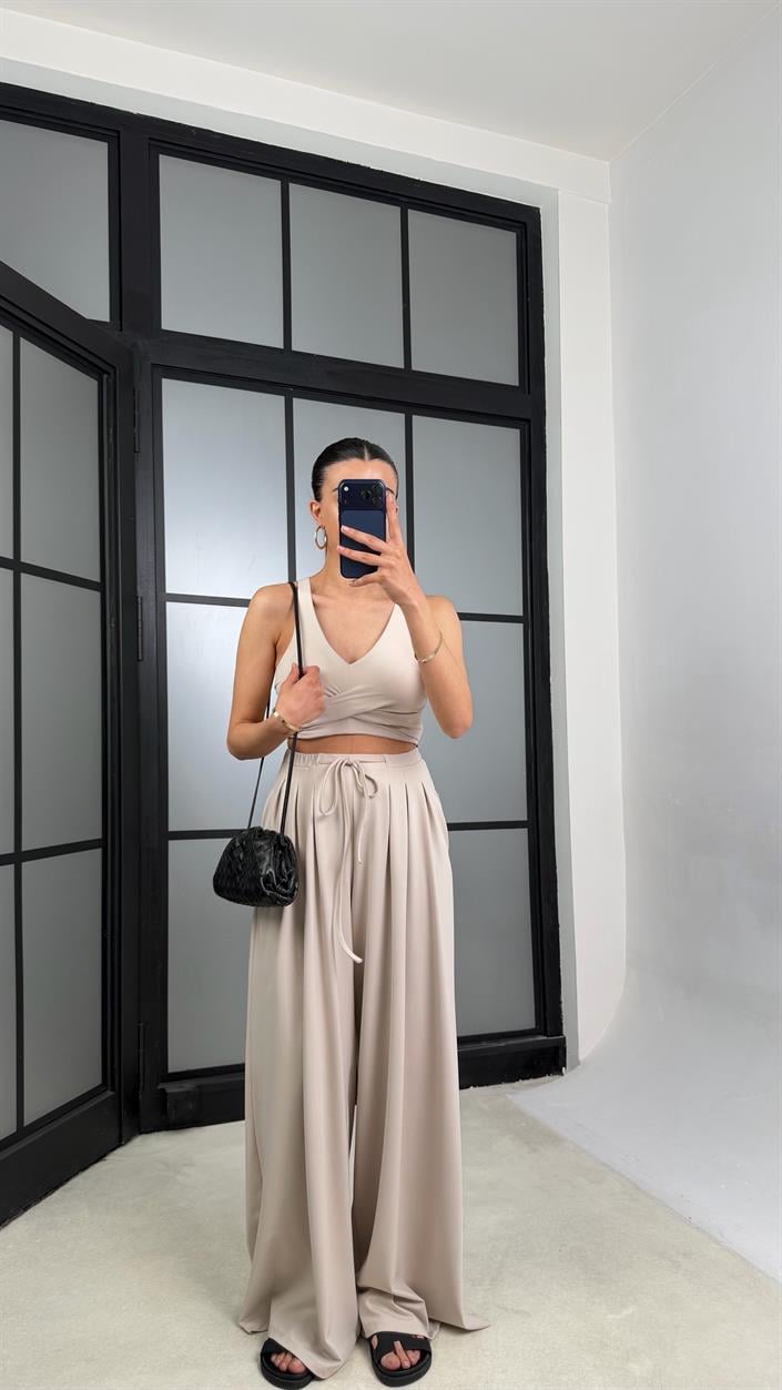 Bej OYS Model Pedli  Crop Beli Lastikli Pantolon İkili Takım GAUS-01441