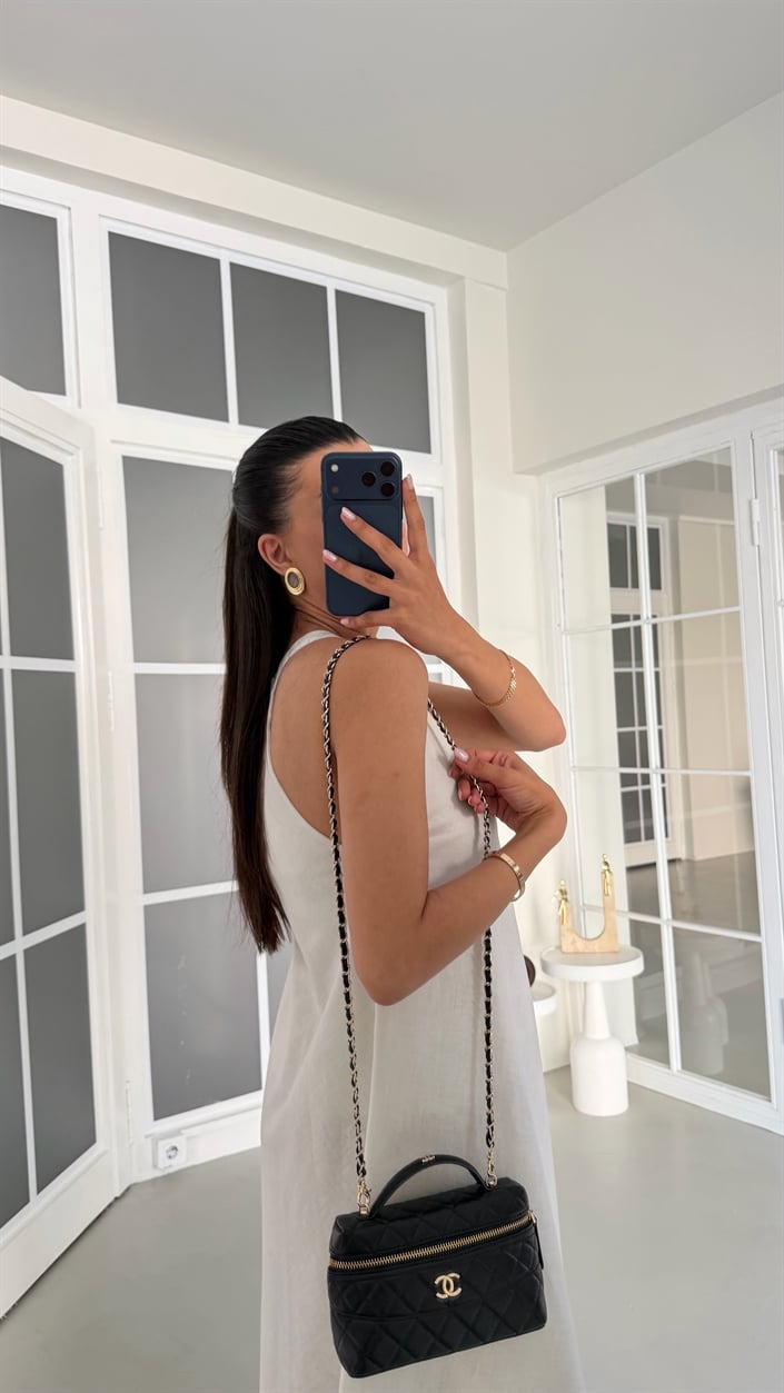 Beyaz Şerit Detaylı Premium Keten Elbise GAUS-01766