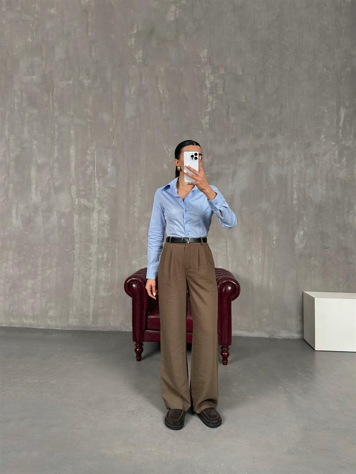 Kahve Kemerli İthal Kumaş Palazzo Pantolon Gaus00090