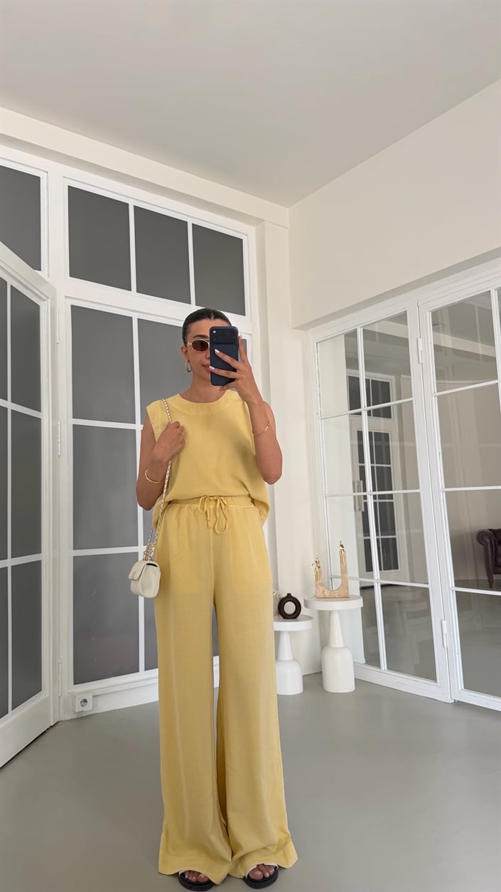 Sarı Bluz Beli Lastikli Pantolon Yıkamalı Tencel Takım GAUS-01795