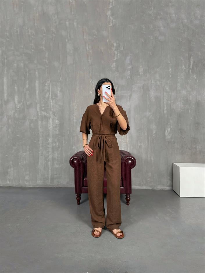 Kahve Kuşaklı V Yaka Keten Kısa Balon Kol Tulum Gaus00179