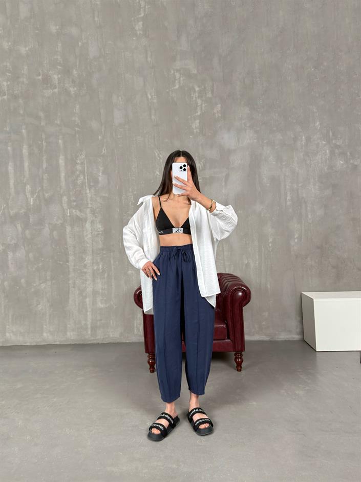 Orfi Lacivert Çımalı Tensel Şalvar Pantolon