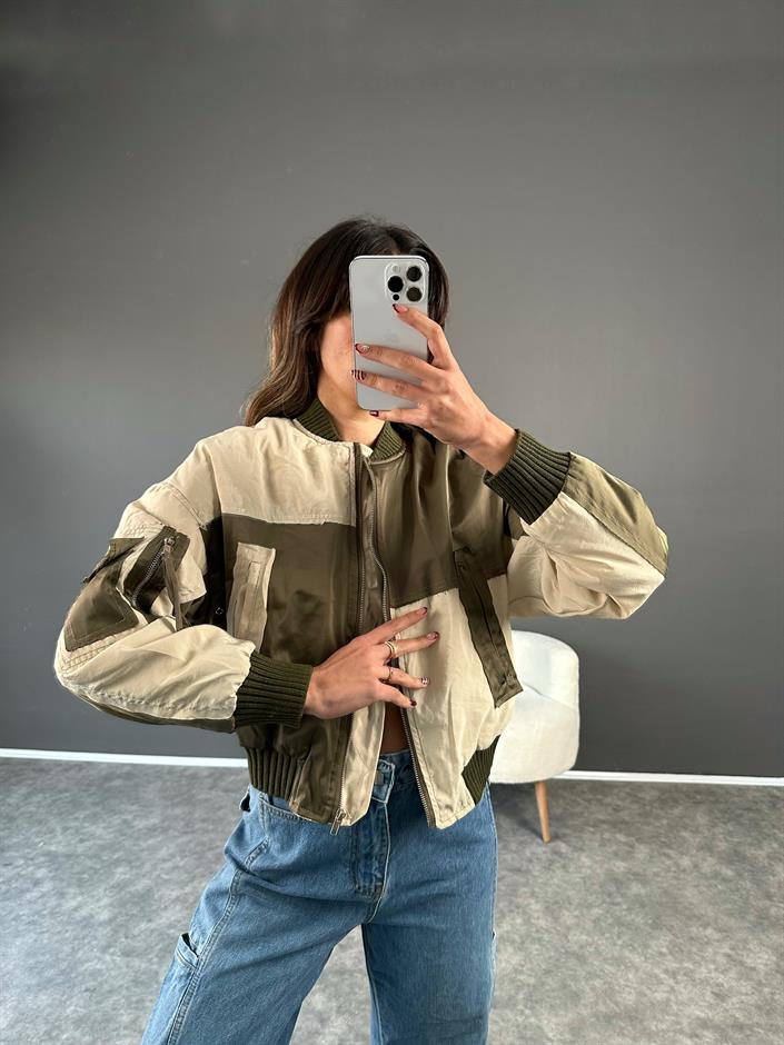 Yeşil Krem Blok Renk Bomber Ceket 