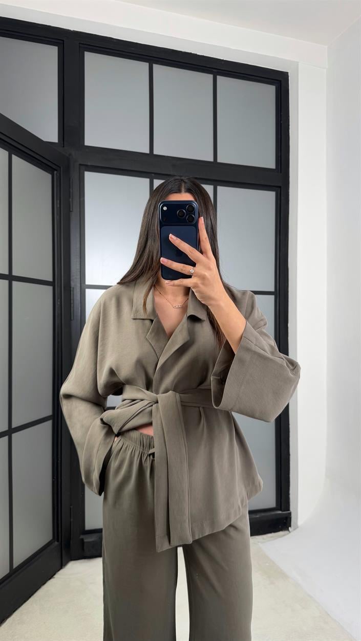 Haki Kuşaklı Ceket Beli Lastikli Pantolon Tencel Takım GAUS-01128