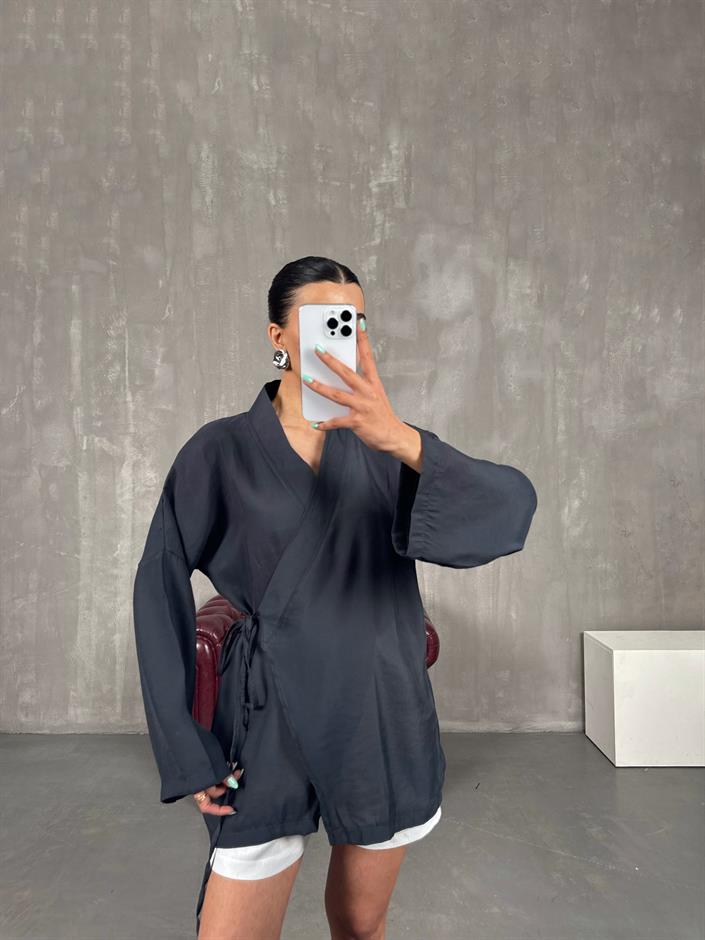 Antrasit Önden Bağlamalı Tensel Kimono Gaus00240