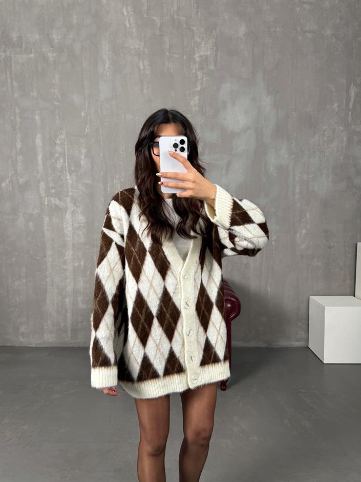 Metu Krem Kahve Baklava Desenli Sakallı Hırka