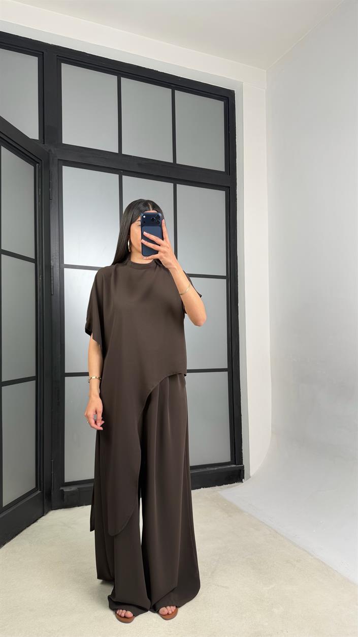 Acı Kahve Asimetrik Bluz Beli Lastikli Pantolon İkili Tasarım Takım GAUS-01490