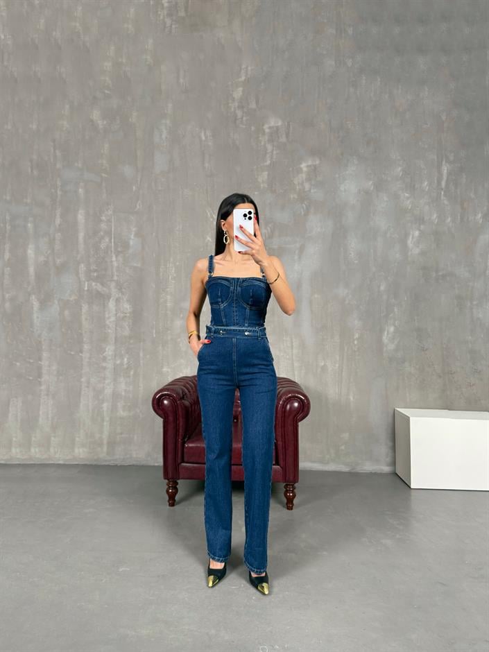 Mavi Kemer Detaylı Ayarlanabilir Askılı Fermuarlı Denim Tulum Gaus00163