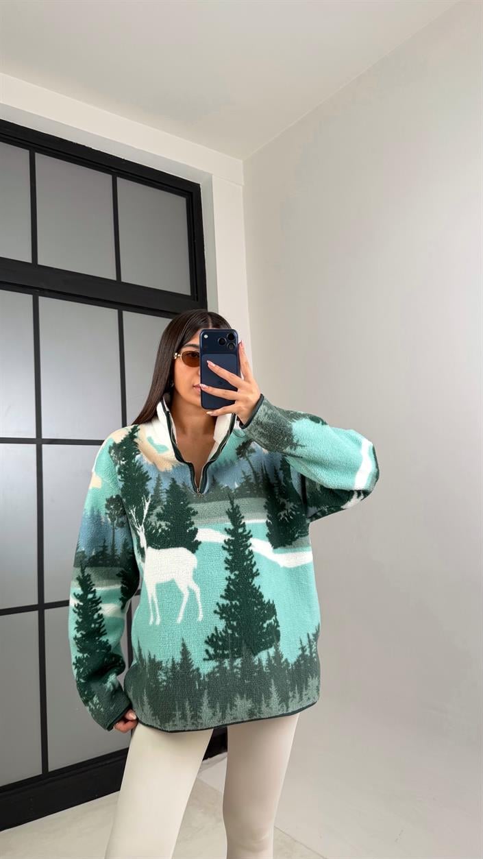 Turkuaz Fermuarlı Geyik Desenli Polar Sweatshirt GAUS-00870
