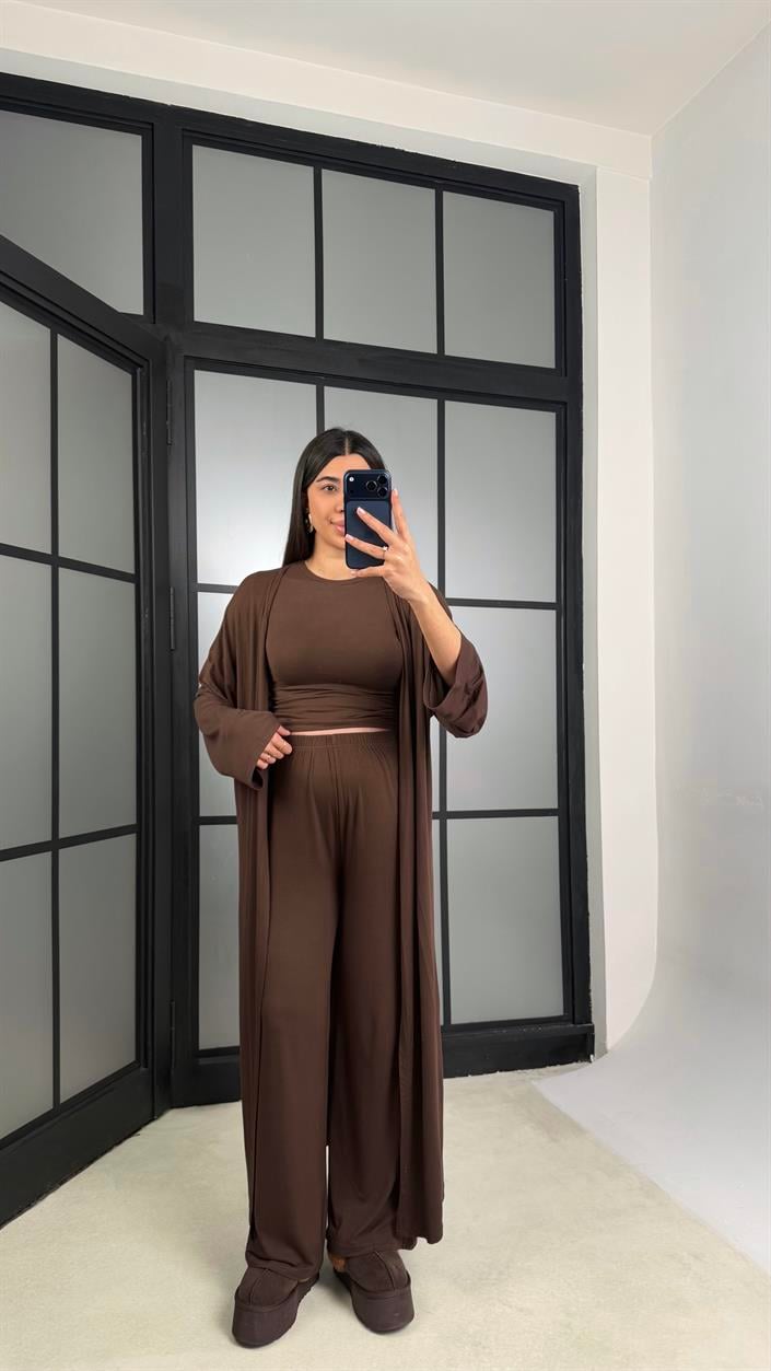 Kahve Kaşmir Yumuşak Dokulu Likralı 3lü Premium Takım GAUS-01171