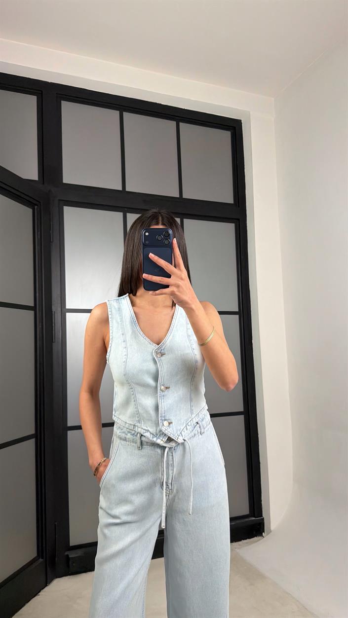 Buz Mavi Yelekli Beli Kuşaklı Pantolon İkili Denim Takım GAUS-01379
